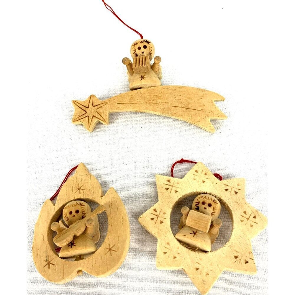 German Wood Christmas Ornaments Mini Angels 2.5" Lot of 3 Vintage